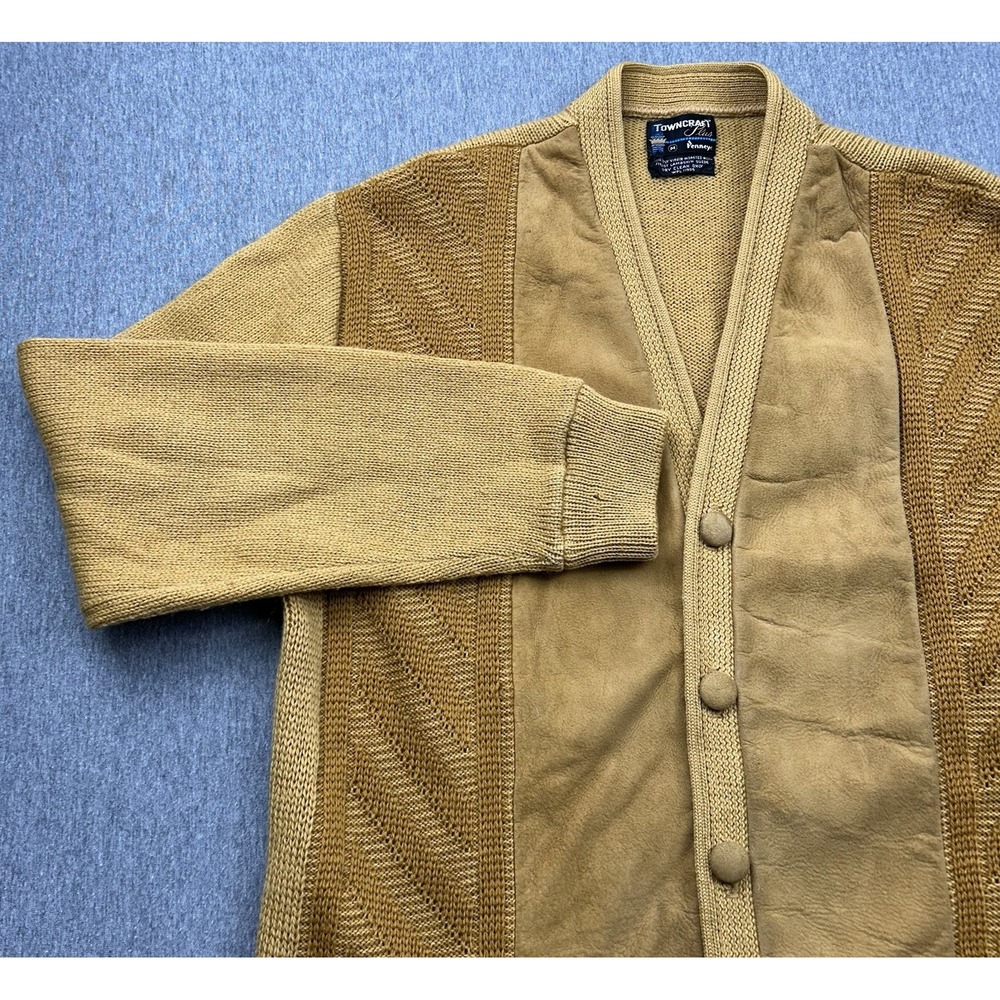 Towncraft Plus Penneys Wool Knit Lambskin‎ Suede Cardigan Sweater Mens Medium